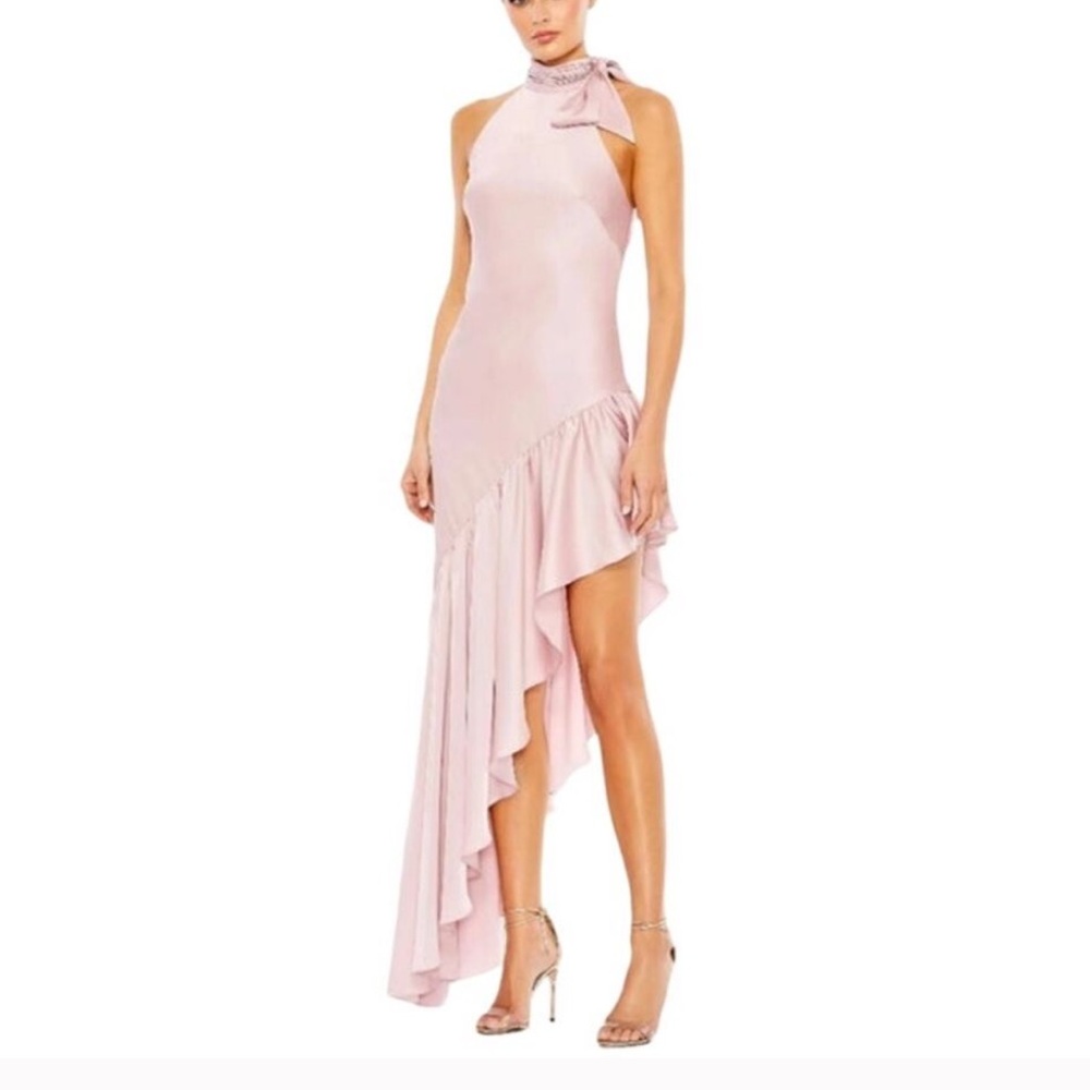 NWT MAC DUGGAL Dress Evening Gown Halter Neck Ruffled Asymmetrical Rose Pink